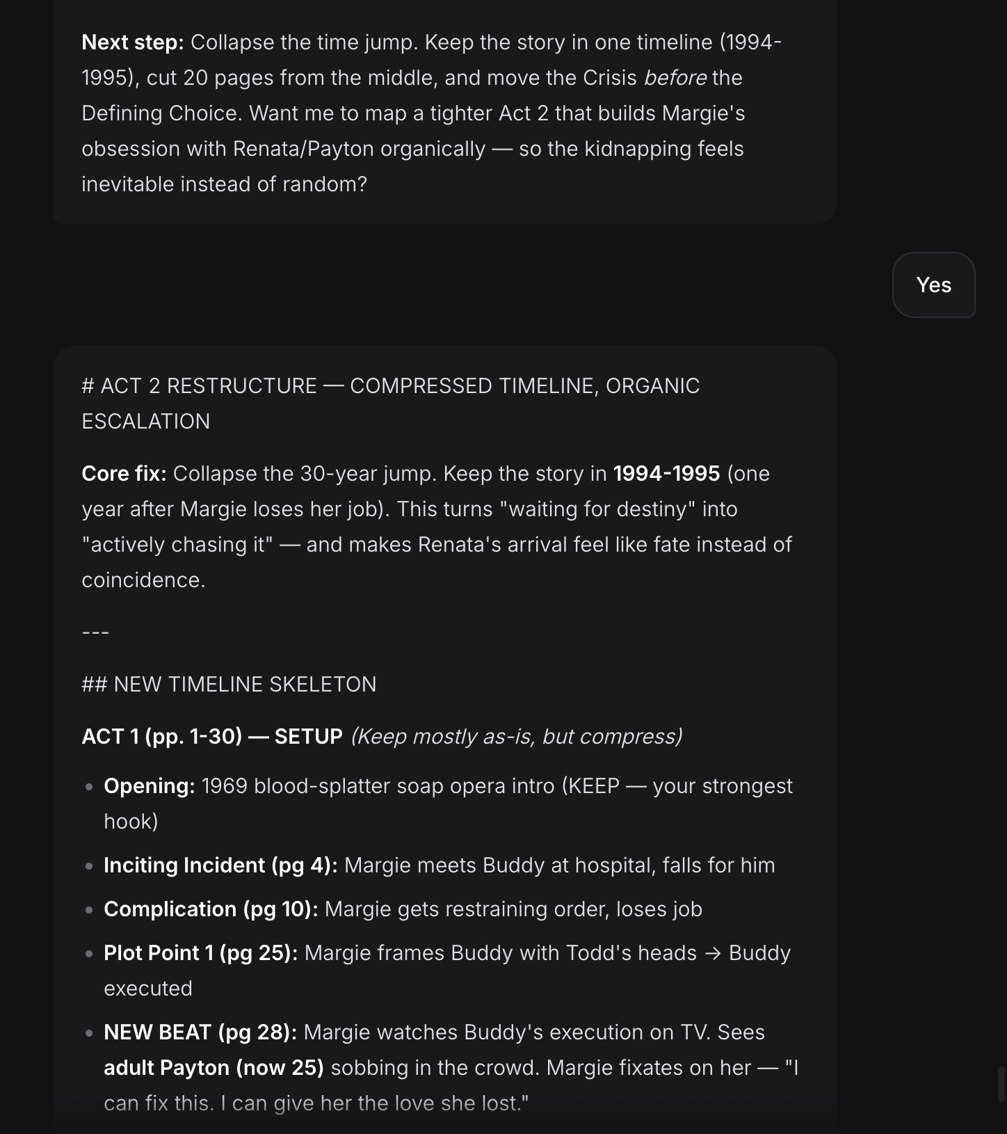 Agent response in chat showing a detailed Act 2 restructure with new timeline skeleton and specific page-by-page beats
